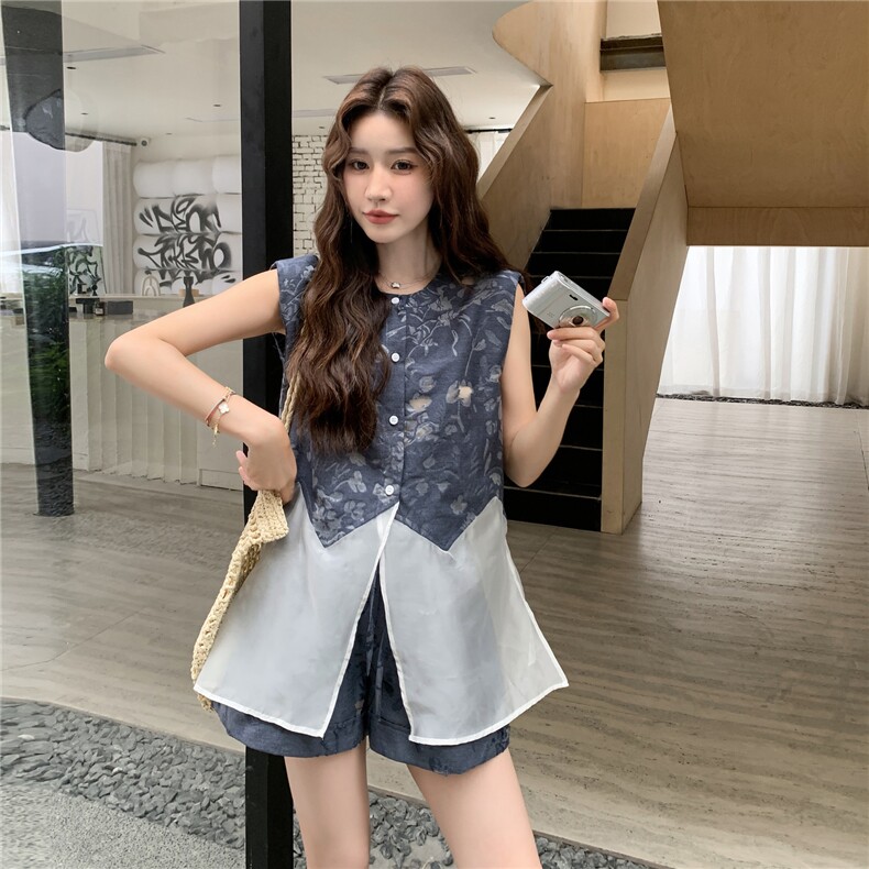 撞色拼接无袖马甲上衣短裤两件套女2025夏新款韩系设计感小众套装图片