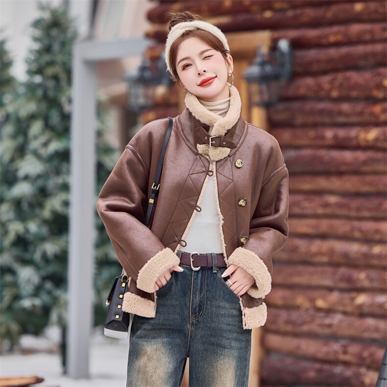 时尚百搭皮毛一体外套女冬季保暖显瘦短款仿羊羔毛大衣,女装毛呢外套,微微衣阁
