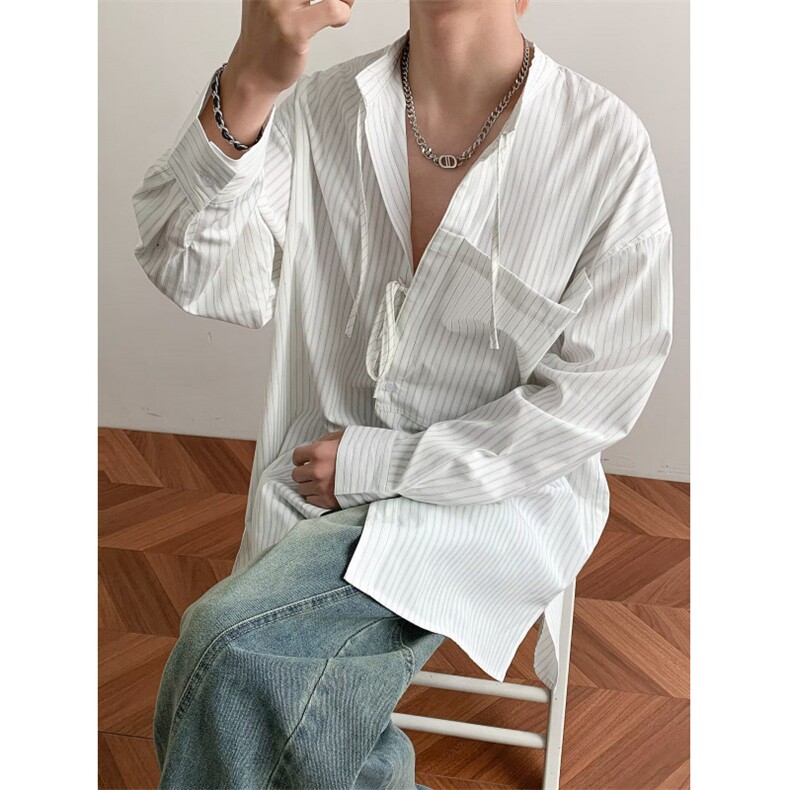 夏季慵懒风条纹衬衫设计感抽绳长袖衬衣防晒男女衬衣CS0049P50，男装防晒衣，星座1013-1