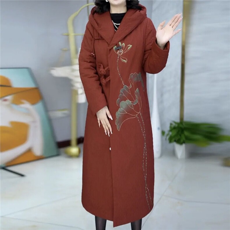 印花羽绒棉服女中长款修身刺绣盘扣高端气质棉衣棉袄外套冬,女装棉衣/棉服,韩蔻秀
