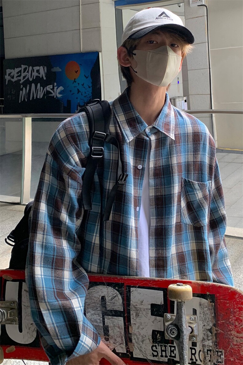 格子衬衫男士宽松大码美式港风长袖衬衣CS7229P45-控69,男装衬衫,电商B413-1