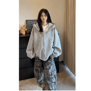 抖音得物高品质二开26春装美式高街铆钉拼接纯色开衫卫衣外套W122