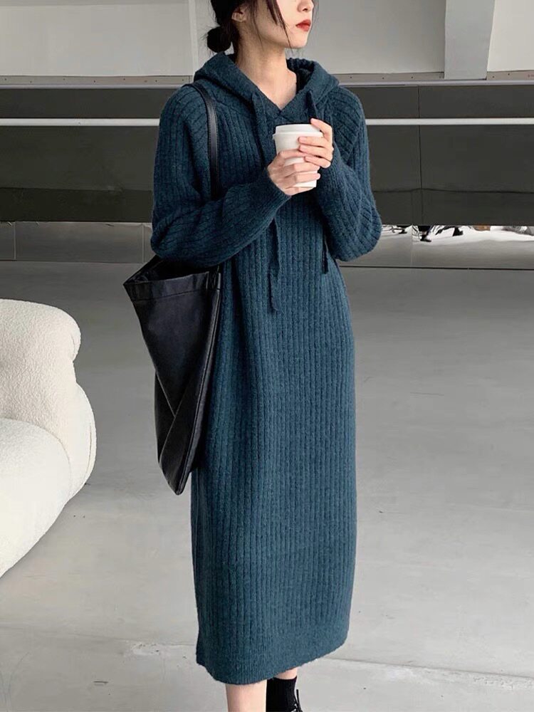 中长款宽松过膝连衣裙慵懒风加厚连帽毛衣针织打底衫,女装连衣裙,思途羊绒