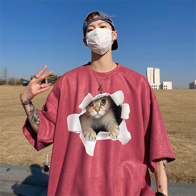 美式复古猫咪短袖T恤男2024夏季新款潮牌重磅纯棉宽松圆领半截袖,男装T恤,电商A486
