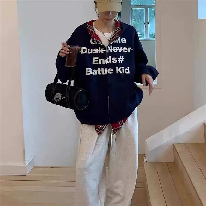 美式复古假两件男女格子拼接连帽卫衣秋季潮牌情侣外套,女装短外套,星座1210-1