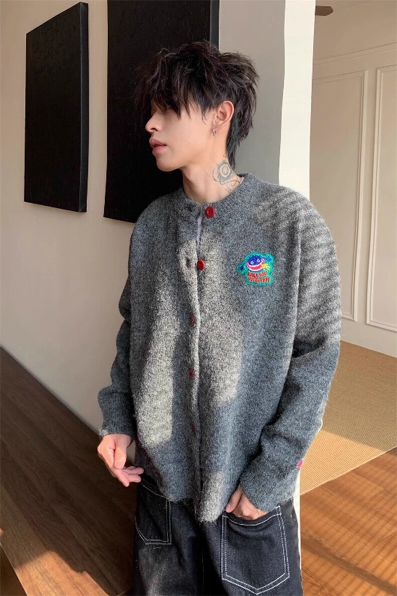 撞色纽扣搞怪复古卡通刺绣长袖针织开衫毛衣外套MY871特P62,男装针织衫/毛衣,星座908-1