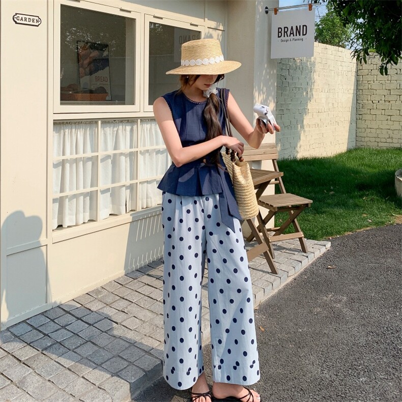 法式松弛感系带背心波点阔腿裤两件套女套装223-1360P140K198,女装套装/套裙,莘蕾