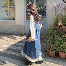 时尚慵懒感牛仔背带裙套装女2025春季新款木耳边衬衫背带裙两件套，女装连衣裙，2C198