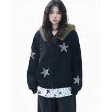 美式复古毛领连帽开衫卫衣女设计感烫钻星星宽松外套WB6018，女装短外套，星座1116A（原606A-3）