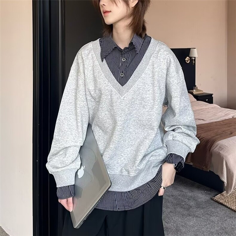 HY03-P502025春秋美式潮牌小众时髦高街假两件翻领卫衣衬衫,男装衬衫,电商B323A