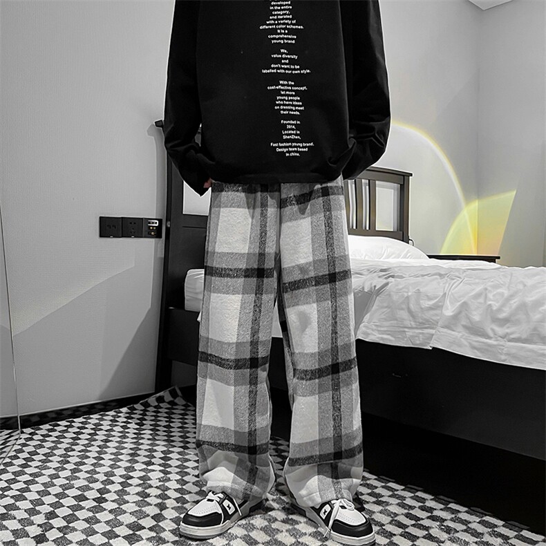美式复古vintage裤子男毛呢格子裤oversize直筒阔腿裤K0123-P45图片