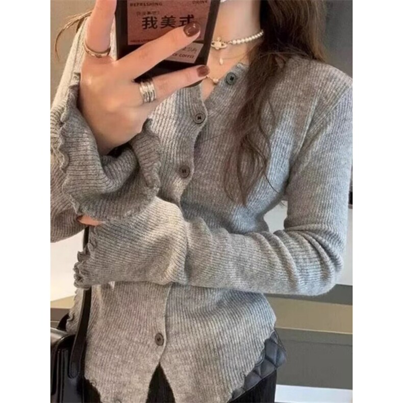 V领常规款开衫ins单件单排扣通勤灰色不规则针织打底衫女秋冬长袖图片