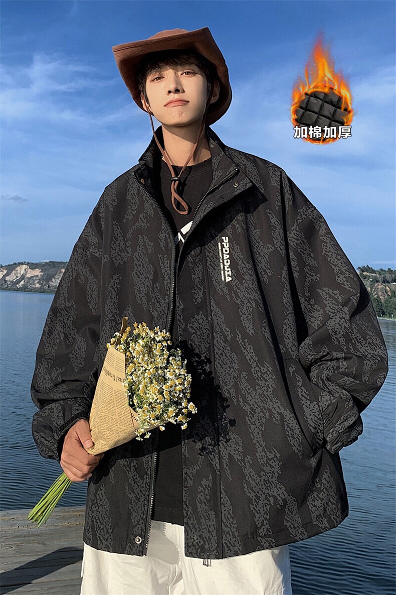 图案有版权暗纹印花大码加厚棉服男休闲翻领厚外套J614J加棉-P80,男装棉衣,电商A001