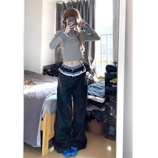女风拼接蕾丝蓝边西裤休闲裤ZK0356-P50，男装西裤，星座313A(原308A-2)