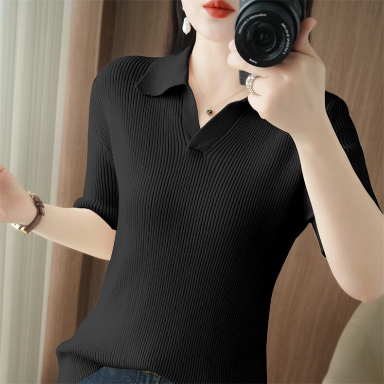 100%纯棉25年夏新款女POLO领短袖针织衫修身打底百搭薄款半袖上衣，女装T恤，品高羊绒