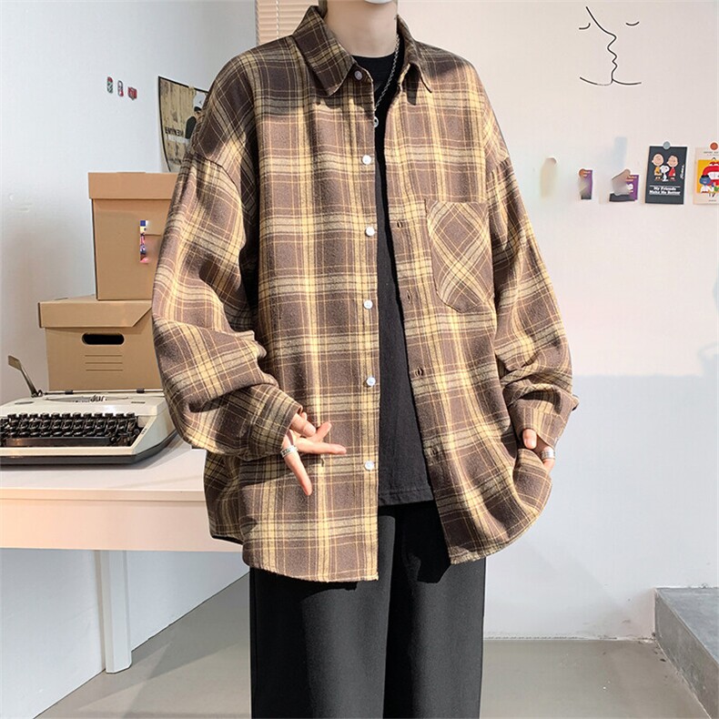 衬衫男春季新款港风宽松磨毛格子长袖衬衣CS601-特P27无差价,男装衬衫,星座214-3