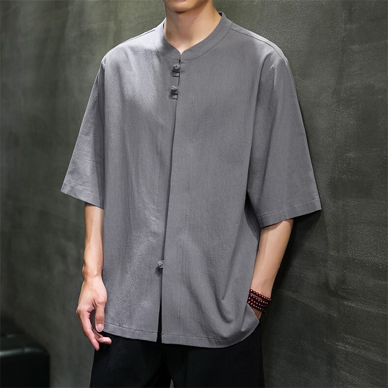 2023风男装盘扣唐装汉服五分袖短袖衬衫A203A-6809,男装T恤,星座815-1（原A203A）