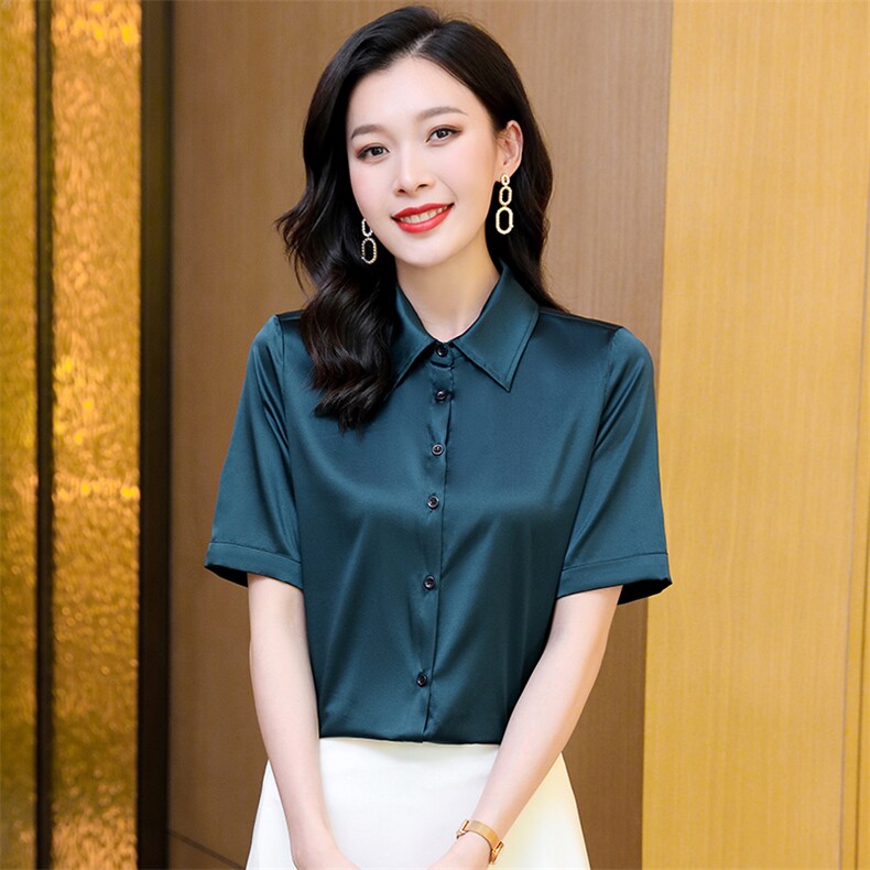 纯色真丝衬衫女短袖开衫红色衬衣夏季中年妈妈半袖桑蚕丝上衣衬衣,女装衬衫,阿舍尔精品