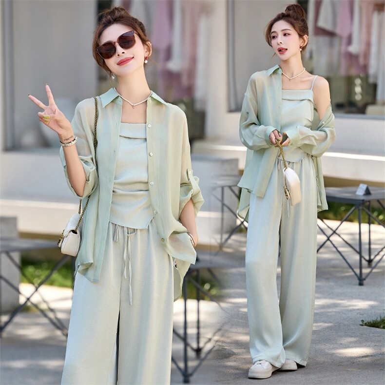 2025夏季减龄一整套高级感绝美韩系穿搭天丝衬衫拖地阔腿裤三件套，女装套装/套裙，悠米