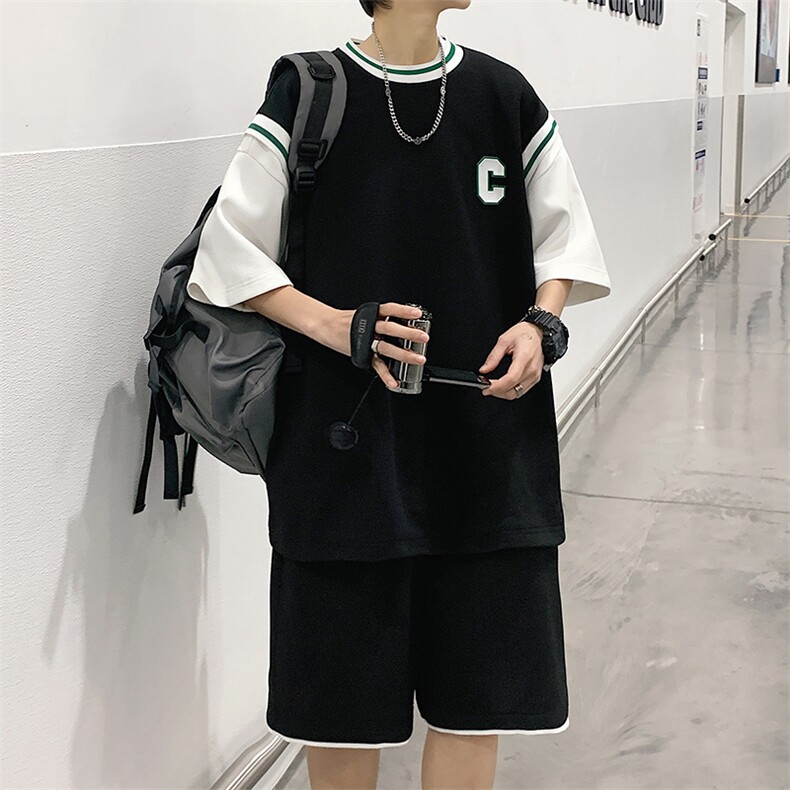 2025夏季华夫格套装男青少年T恤短裤两件套港风套装TZ2237-P55,男装牛仔裤,电商A062