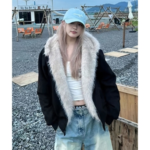 现货重磅硬挺boxy羽绒棉衣座山雕猫耳大毛毛领麂皮棉服冬外套图片