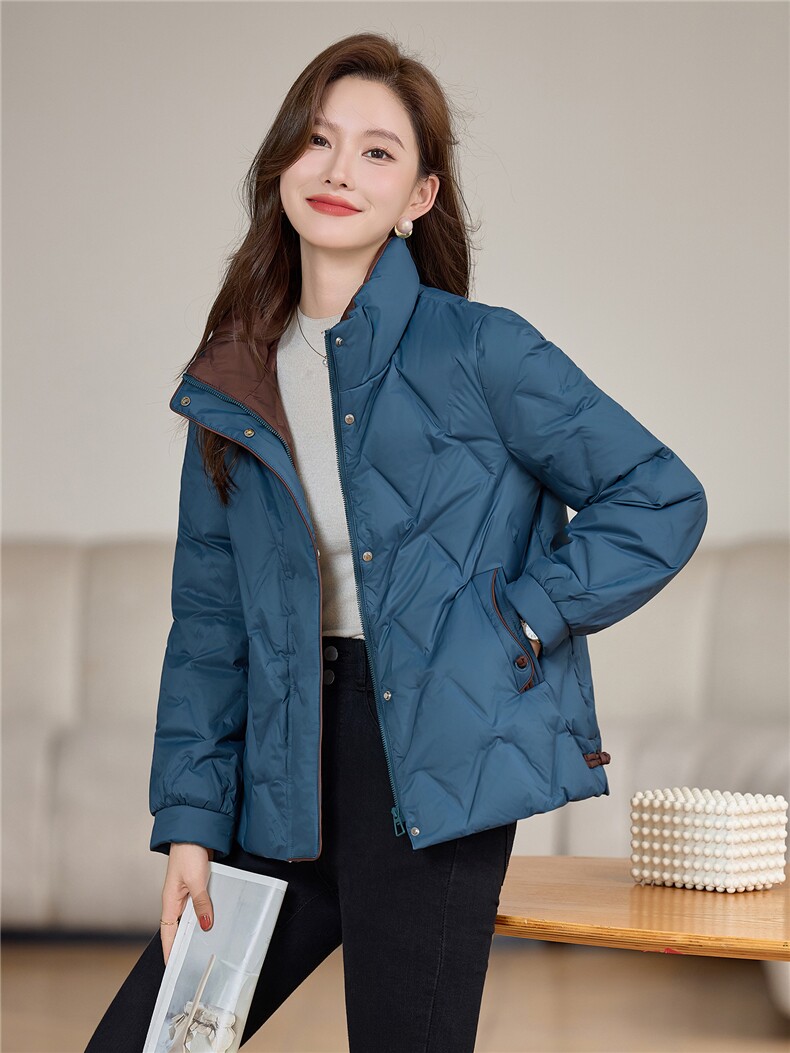 现货2025年冬季时尚休闲文艺撞色盘扣保暖羽绒服,女装羽绒服,依恋蒂丝