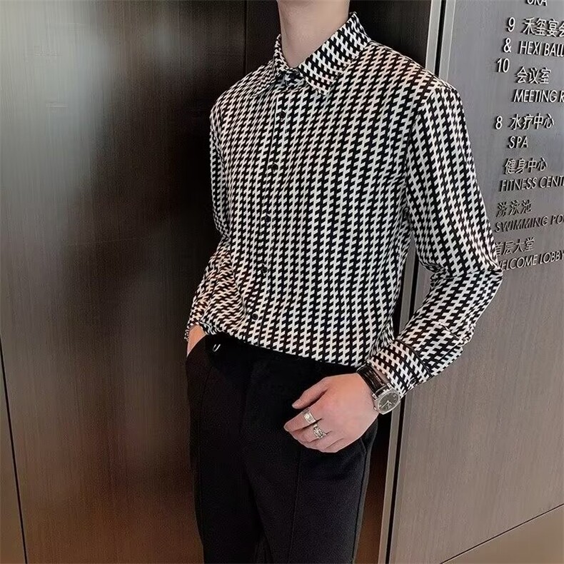 C167-P28 韩条纹格子长袖衬衫男韩版修身潮流帅气商务休闲图片