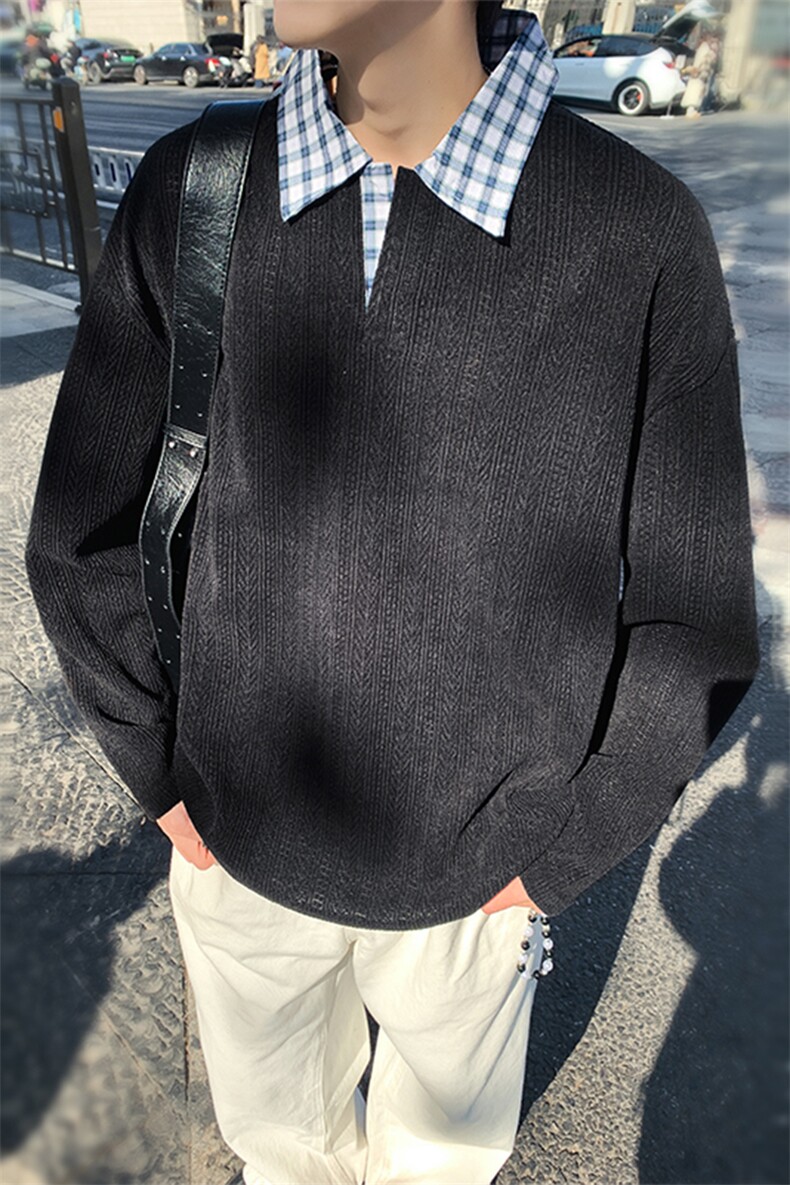 美式假两件格子翻领卫衣潮流宽松polo衫A161-MT-2602-P42,男装卫衣,电商A161