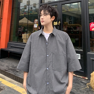 格子短袖衬衫男夏季新款港风宽松纯棉衬衣DX101-P35图片