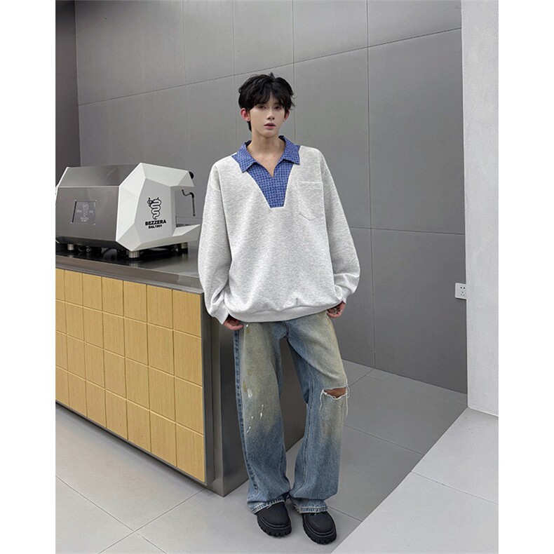 WY10153-特P48控88小众撞色面料拼接格子假两件大码男宽松卫衣,男装卫衣,电商A059