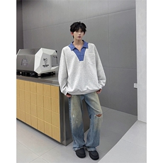 WY10153-特P48控88小众撞色面料拼接格子假两件大码男宽松卫衣，男装卫衣，电商A059