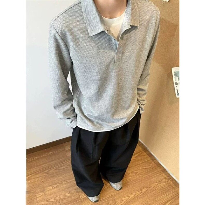 灰色假两件polo衫男长袖t恤男款春季美式复古翻领痞帅高级感卫衣,男装卫衣,星座809A(原222-1)