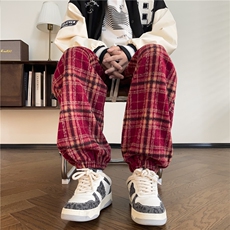 秋冬新款加厚百搭格子裤男女情侣拖地裤阔腿长裤KZ55-P50，男装休闲裤，星座222-7