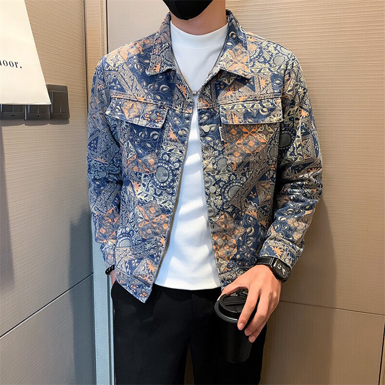 2025春季新款水洗男士牛仔夹克痞帅小伙个性提花印花图案外套,男装夹克,电商A225