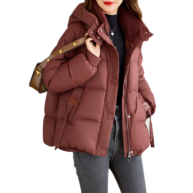 休闲毛绒拼接立领连帽保暖羽绒服女2024冬新款短款90白鸭绒面包服,女装羽绒服,余墨
