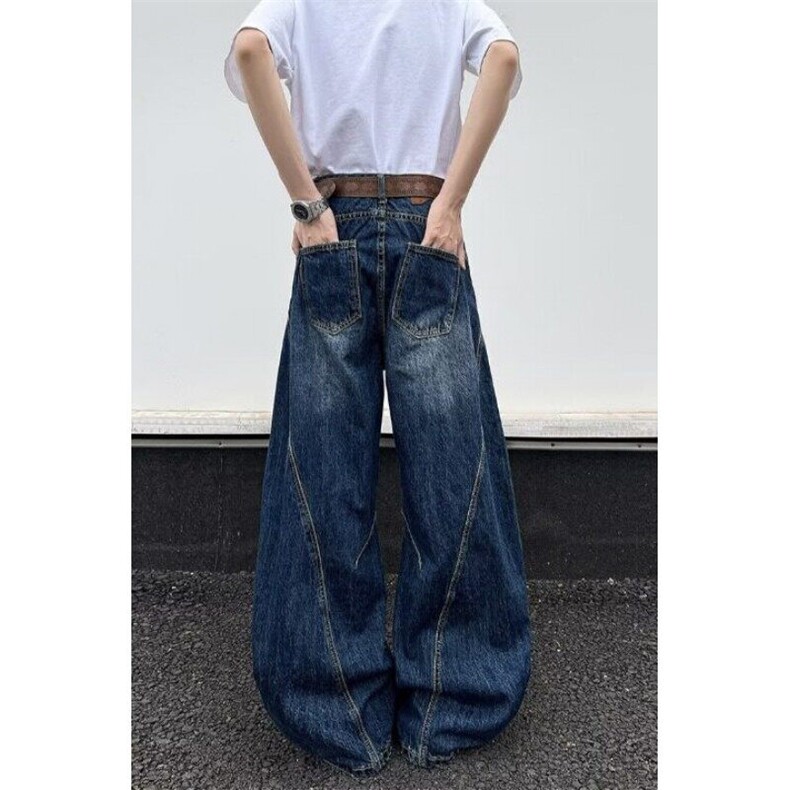 潮牌设计感大码阔腿裤女装2025年春夏新款胖mm宽松高腰牛仔裤深蓝,男装牛仔裤,星座601-1