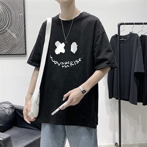 T1795P25港风室内宽松T恤棉2021男线条笑脸英文印花短袖T恤