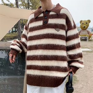 美式休闲棕色条纹潮牌翻领polo毛衣男ins高街宽松慵懒风针织衫图片