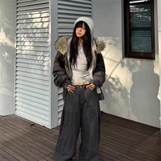 现货重磅boxy短款棉衣座山雕大毛毛领男女棉服水洗工装厚外套，男装棉衣，电商A486-1