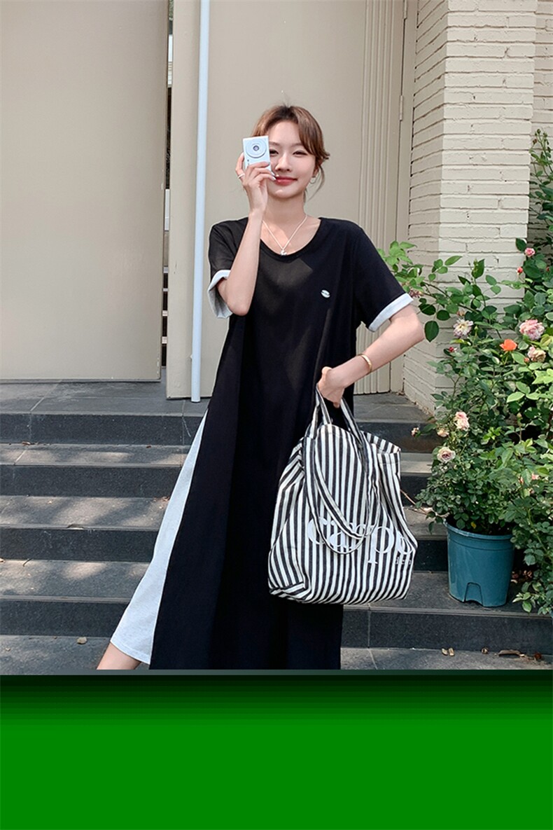 夏季新品慵懒风高级感撞色假两件T恤连衣裙2C2851806P125K188,女装连衣裙,2C285