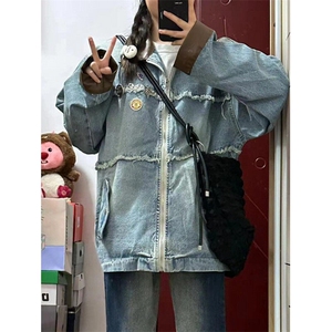 【有货】8086CC-特P79 浅蓝色毛边牛仔外套男女款设计感翻领夹克图片