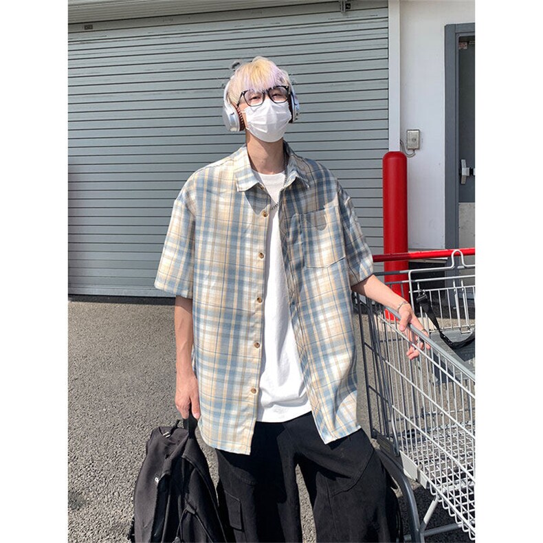 港风复古休闲大格子翻领宽松短袖衬衫外套衬衣C2226-特批P29,男装衬衫,电商A007