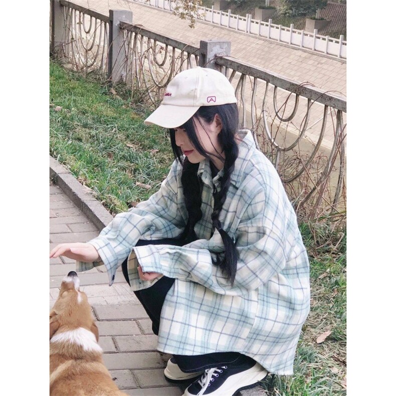 TC616-P45春季薄款森系清新绿色格子衬衫女衬衣外搭开衫慵懒风,男装衬衫,星座617A-2