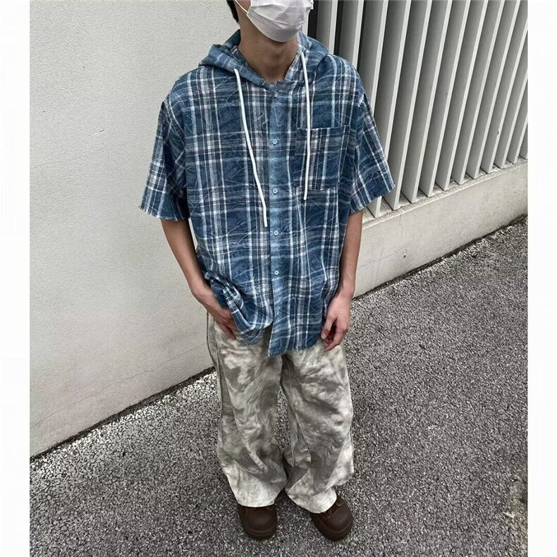 格子短袖衬衫男夏季日系复古宽松休闲五分袖衬衣美式高街潮牌外套,男装衬衫,星座506A
