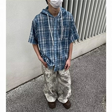 格子短袖衬衫男夏季日系复古宽松休闲五分袖衬衣美式高街潮牌外套，男装衬衫，星座506A