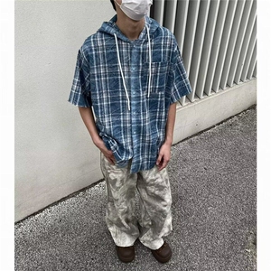 格子短袖衬衫男夏季日系复古宽松休闲五分袖衬衣美式高街潮牌外套图片