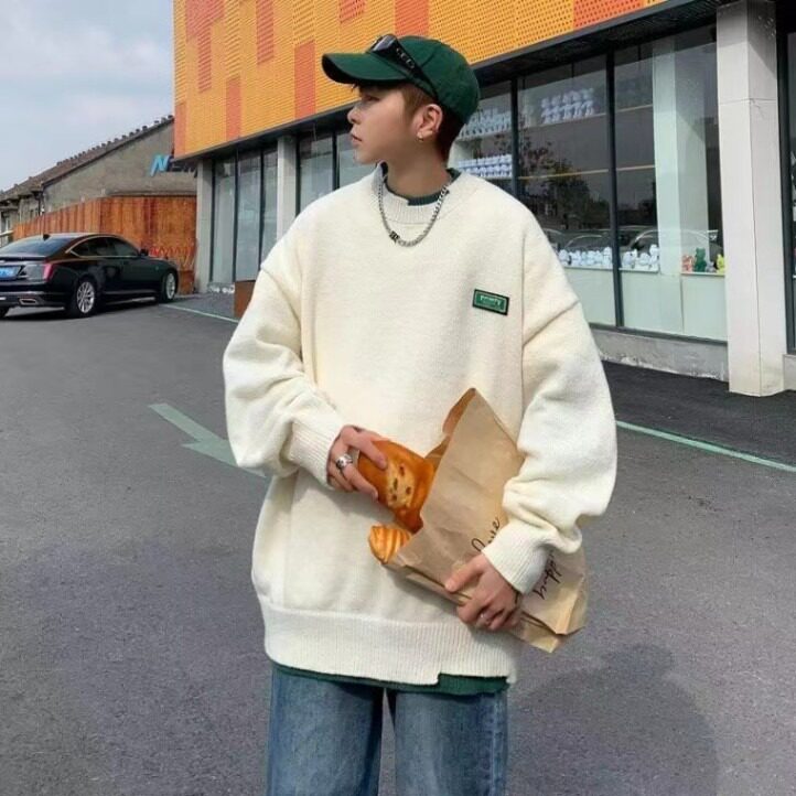 美式重磅毛衣男春秋季新款加厚慵懒风百搭纯色圆领针织衫8226-P45图片
