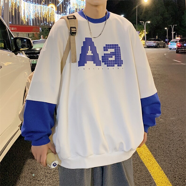 22秋发泡印花趣味字母假两件男士卫衣青少年学生圆领卫衣WY8150,男装卫衣,电商A062