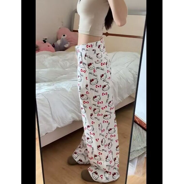 美式复古kt猫满印休闲裤百搭女2025春夏设计宽松阔腿长裤潮,男装休闲裤,星座506A