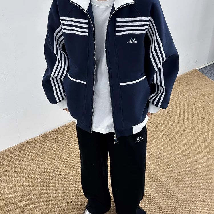 立领拼接条纹开衫外套女秋冬季美式复古休闲运动夹克上衣JK018,男装夹克,星座1116A（原606A-3）